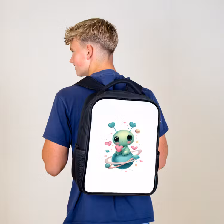 Kinderrucksack - Schwarz - Weltraumkreatur mit Herzantennen und Planetenringen — 3