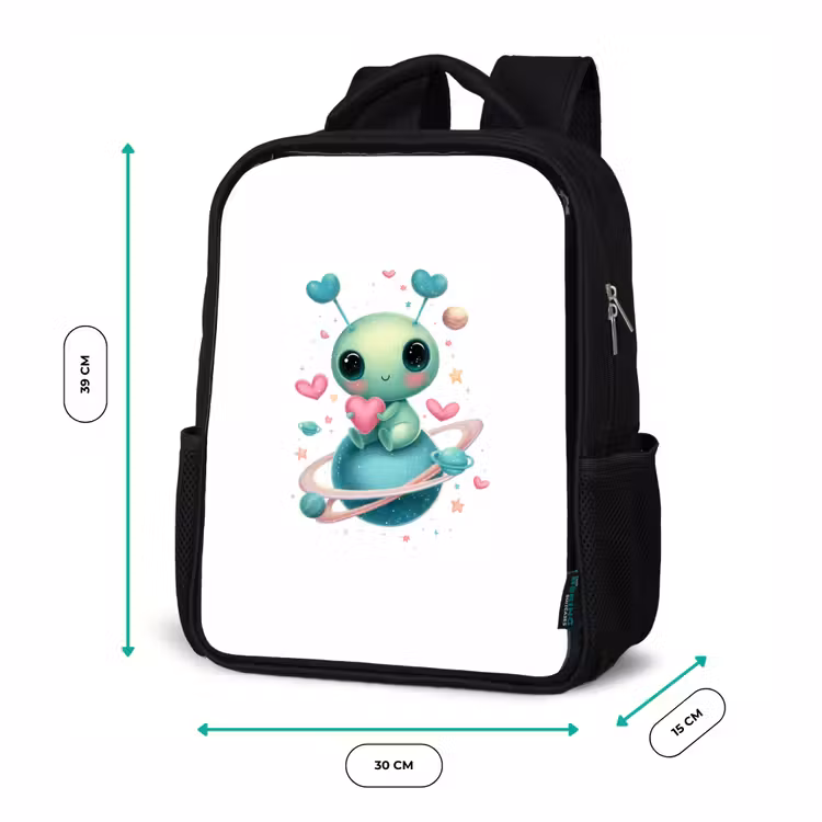 Kinderrucksack - Schwarz - Weltraumkreatur mit Herzantennen und Planetenringen — 6