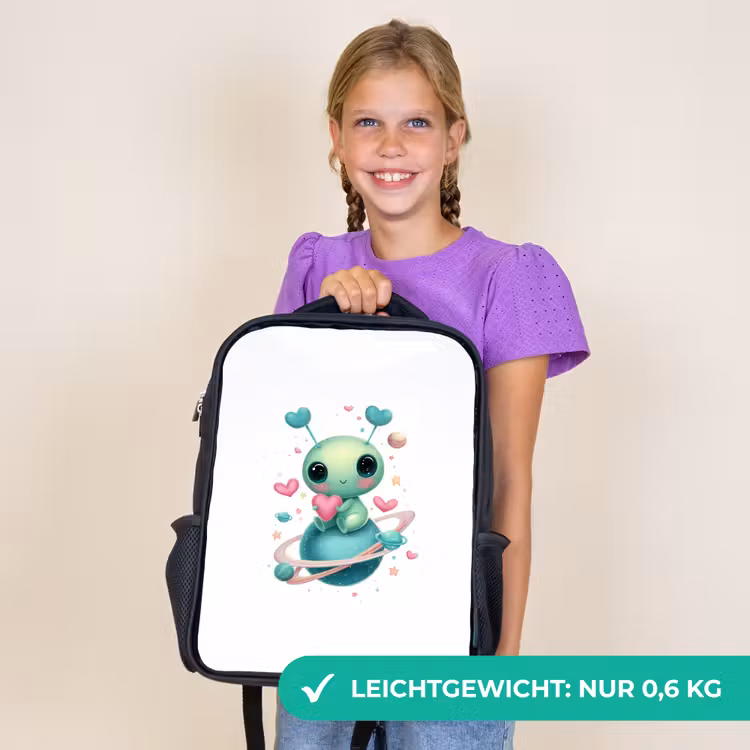 Kinderrucksack - Schwarz - Weltraumkreatur mit Herzantennen und Planetenringen — 7