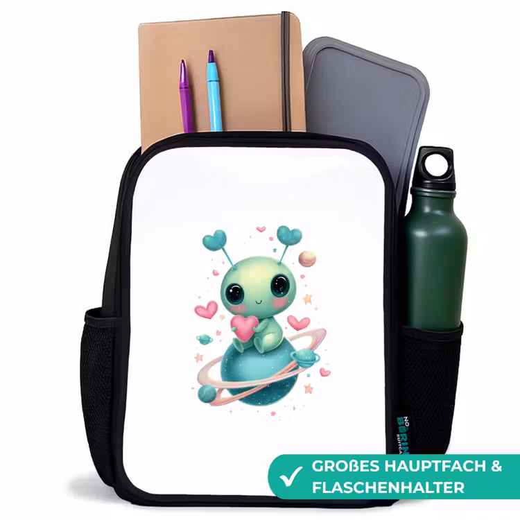 Kinderrucksack - Schwarz - Weltraumkreatur mit Herzantennen und Planetenringen — 8