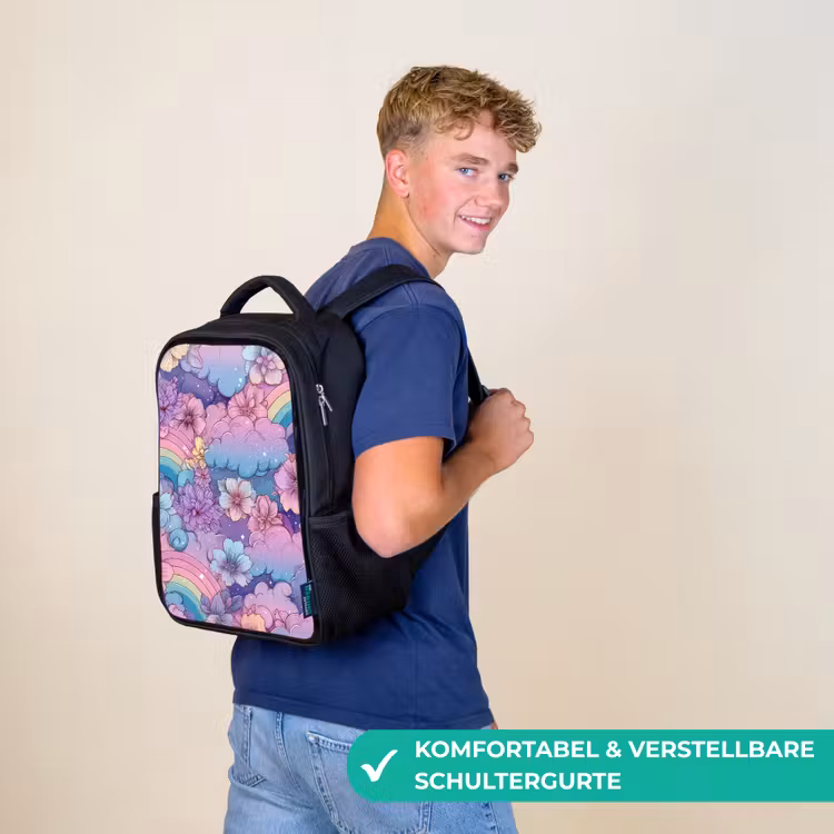 Kinderrucksack - Schwarz - Regenbögen - Blumen - Farbenfroh - Wolken — 9