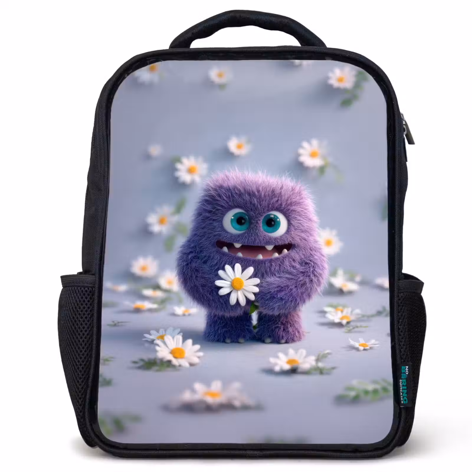 Kinderrucksack - Schwarz - Süßes lila Flauschmonster mit Gänseblümchen — 1