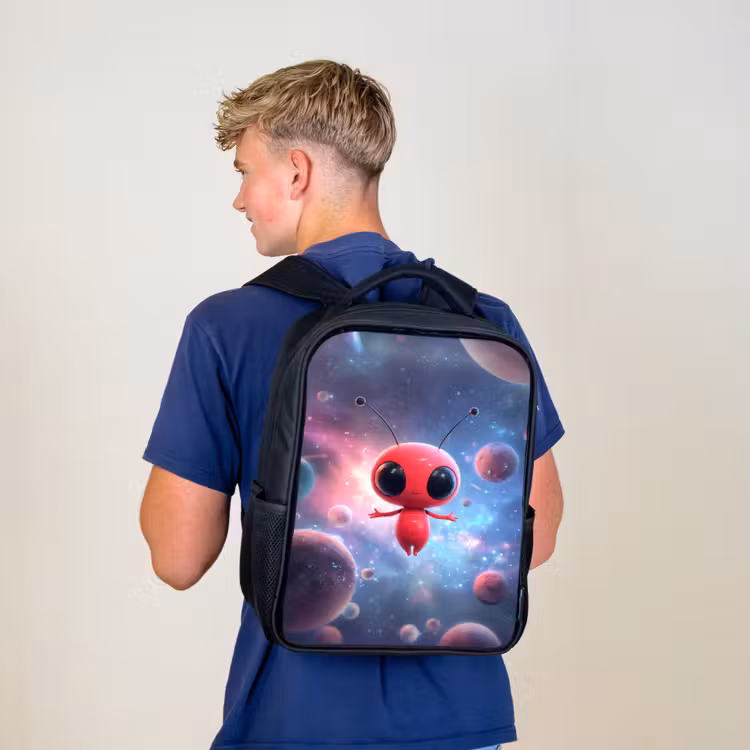 Kinderrucksack - Schwarz - Rote Außerirdische schweben im bunten Kosmos — 3