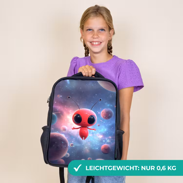 Kinderrucksack - Schwarz - Rote Außerirdische schweben im bunten Kosmos — 7