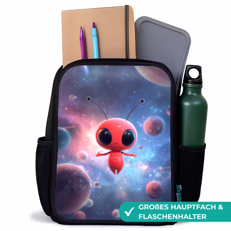 Kinderrucksack - Schwarz - Rote Außerirdische schweben im bunten Kosmos — 8