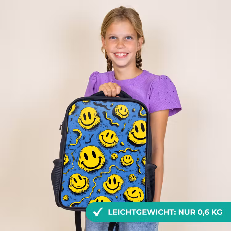 Kinderrucksack - Schwarz - Schmelzendes Lächeln auf Blau — 7