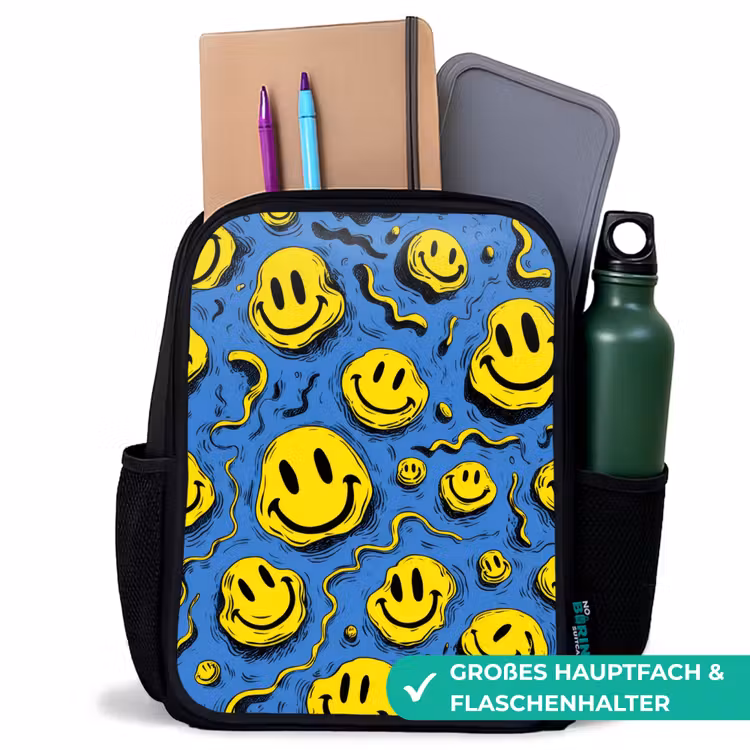 Kinderrucksack - Schwarz - Schmelzendes Lächeln auf Blau — 8