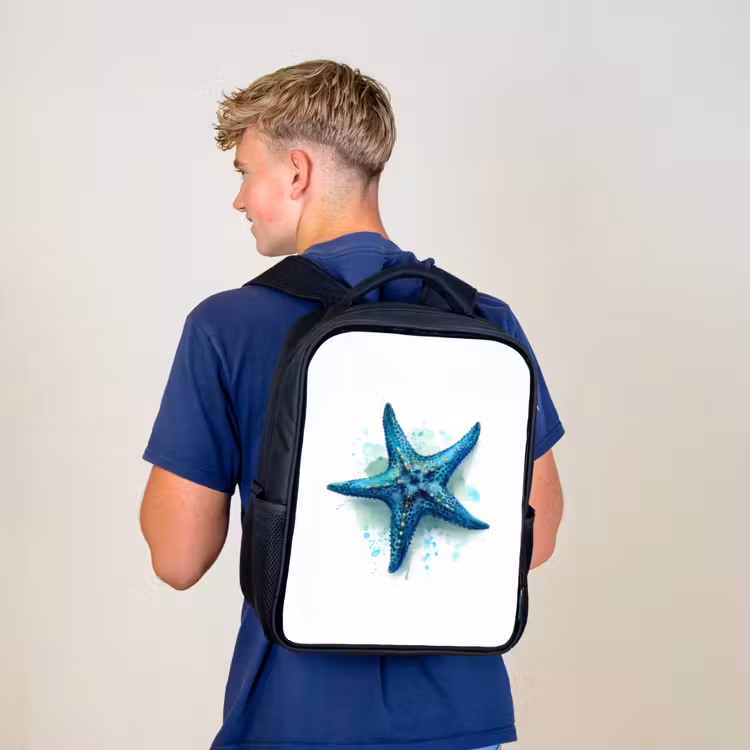 Kinderrucksack - Schwarz - Seesternpracht auf weißer Leinwand — 3
