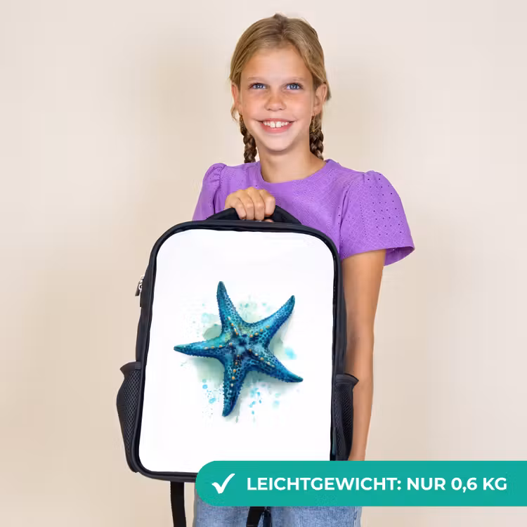 Kinderrucksack - Schwarz - Seesternpracht auf weißer Leinwand — 7