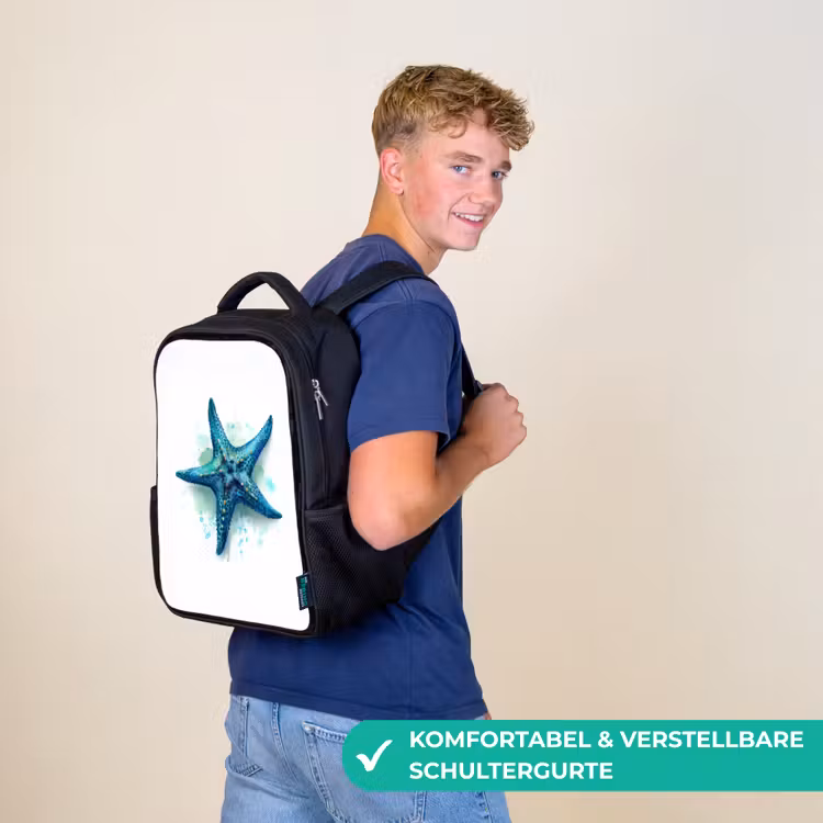 Kinderrucksack - Schwarz - Seesternpracht auf weißer Leinwand — 9