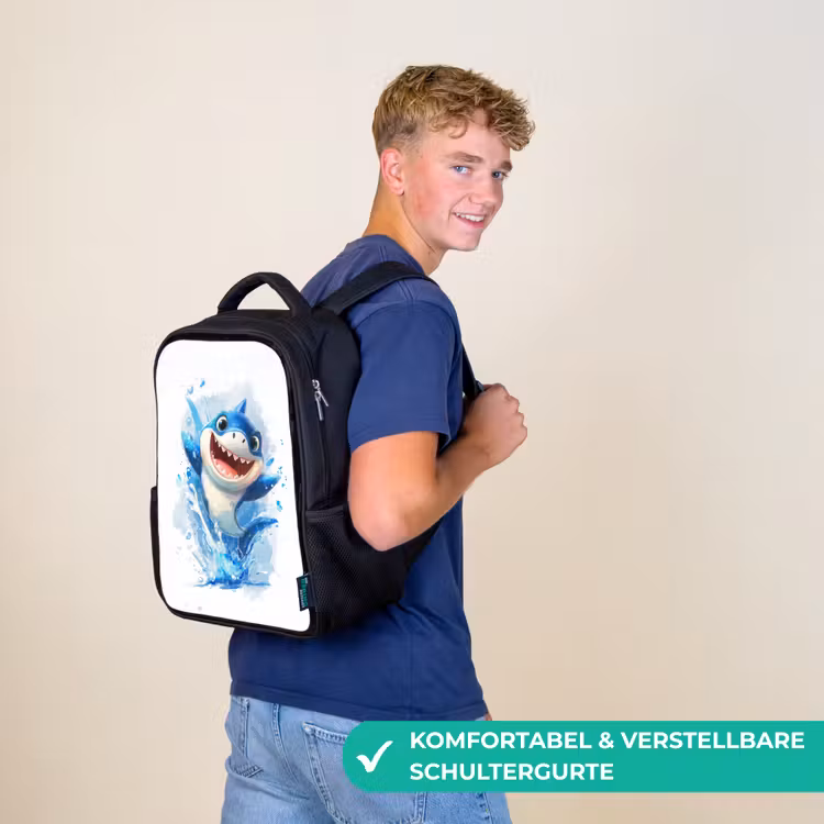 Kinderrucksack - Schwarz - Springender Hai voller Begeisterung — 9
