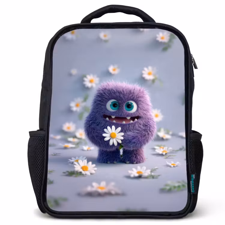 Kinderrucksack - Schwarz - Süßes lila Flauschmonster mit Gänseblümchen — 1