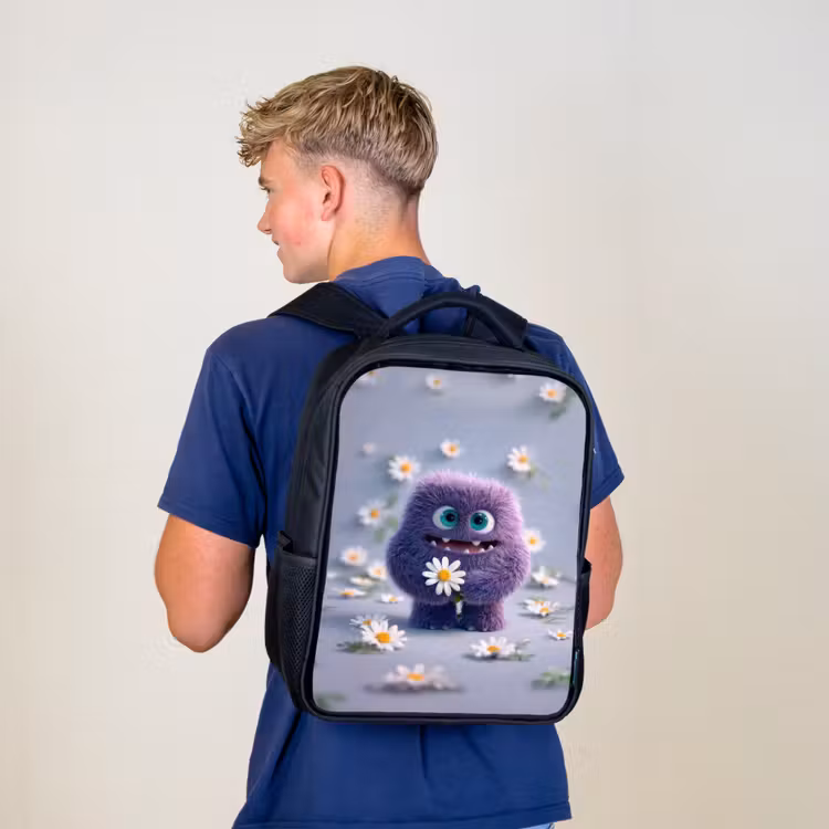 Kinderrucksack - Schwarz - Süßes lila Flauschmonster mit Gänseblümchen — 3