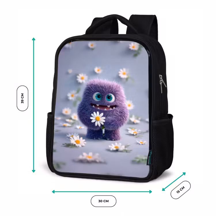 Kinderrucksack - Schwarz - Süßes lila Flauschmonster mit Gänseblümchen — 6