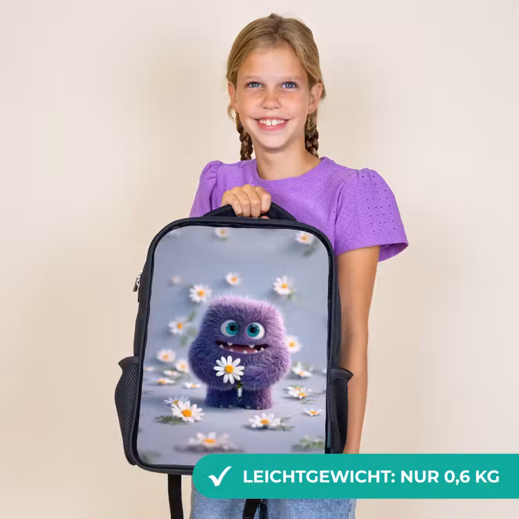 Kinderrucksack - Schwarz - Süßes lila Flauschmonster mit Gänseblümchen — 7
