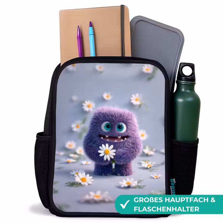 Kinderrucksack - Schwarz - Süßes lila Flauschmonster mit Gänseblümchen — 8