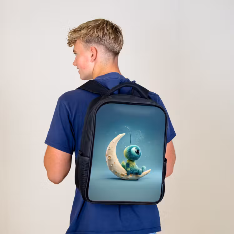 Kinderrucksack - Schwarz - Verträumtes flauschiges Geschöpf auf Mondsichel sitzend — 3