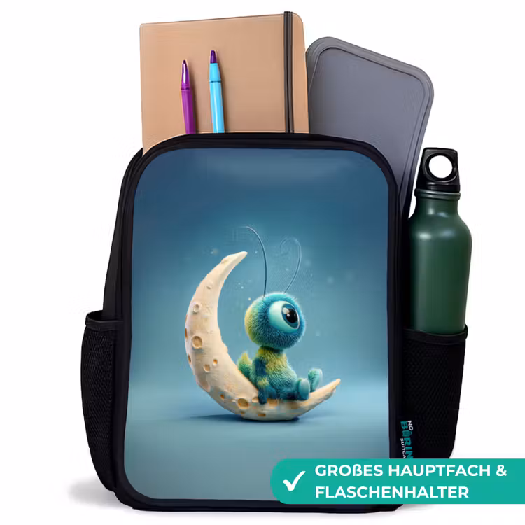 Kinderrucksack - Schwarz - Verträumtes flauschiges Geschöpf auf Mondsichel sitzend — 8