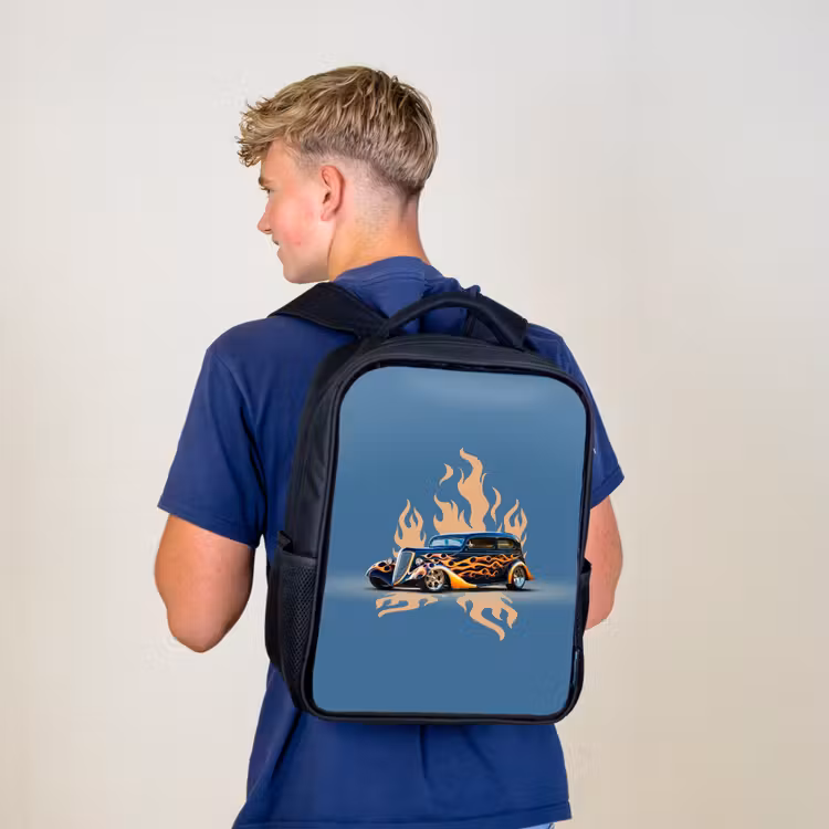 Kinderrucksack - Schwarz - Schwarzes Auto mit beigen Flammen — 3