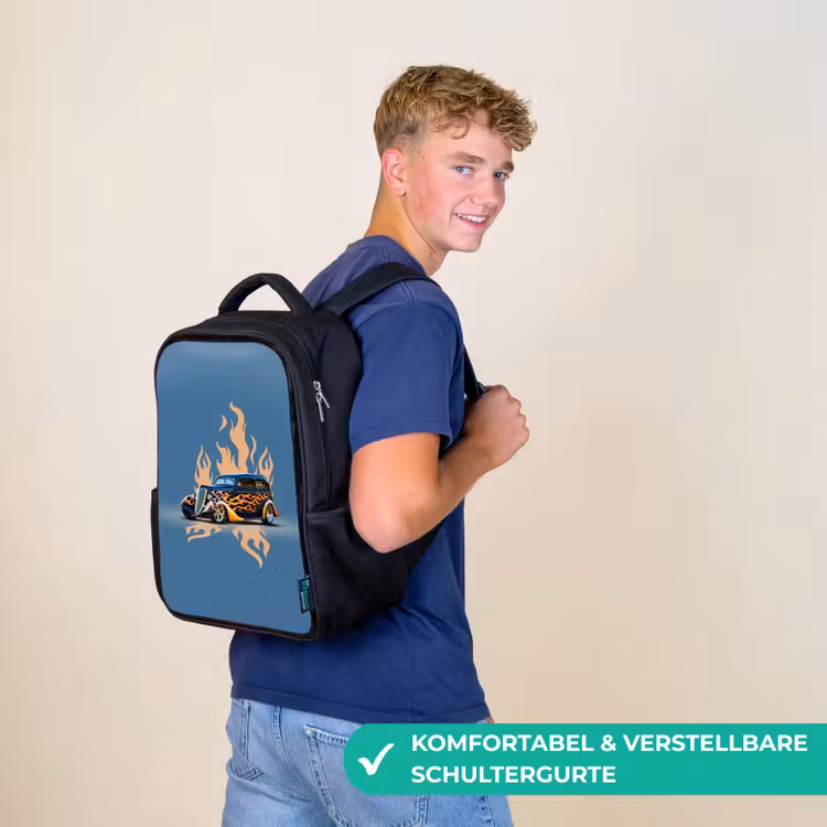 Kinderrucksack - Schwarz - Schwarzes Auto mit beigen Flammen — 9