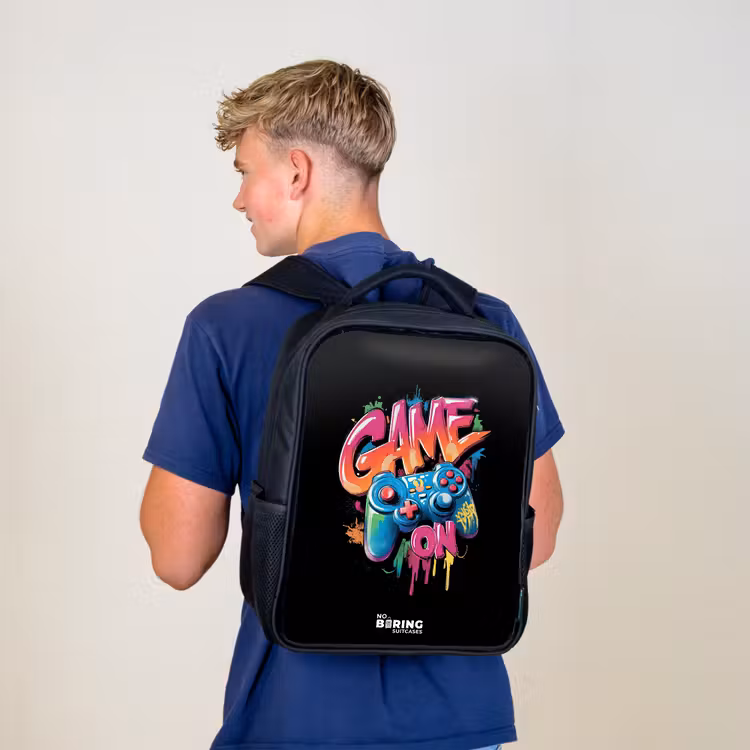 Kinderrucksack - Schwarz - Spiel - Controller - Graffiti - Neon — 3