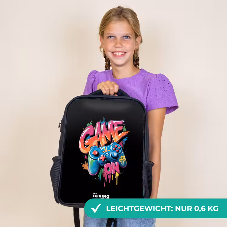 Kinderrucksack - Schwarz - Spiel - Controller - Graffiti - Neon — 7