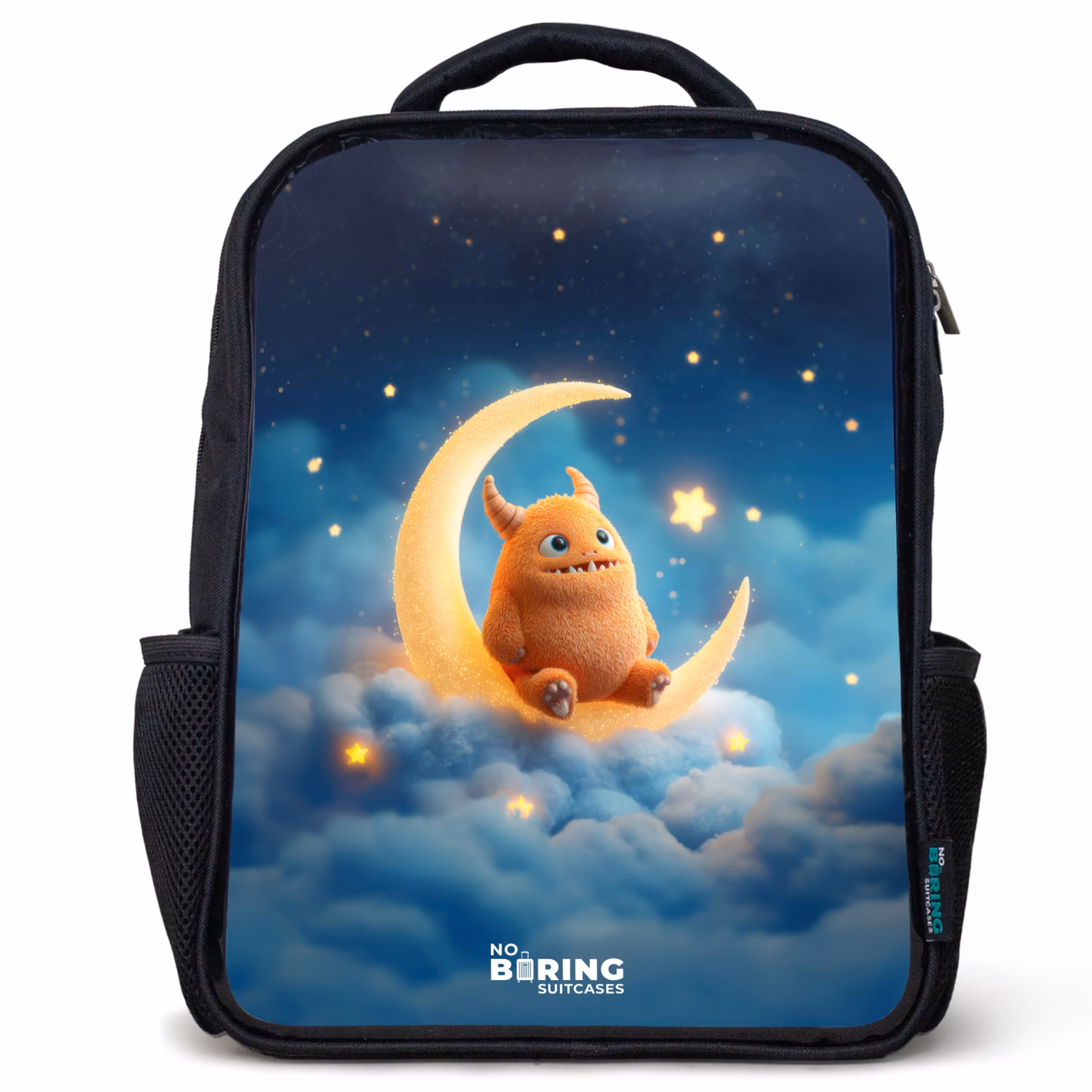 Kinderrucksack - Schwarz - Orangefarbenes Ungeheuer auf Mondsichel — 1
