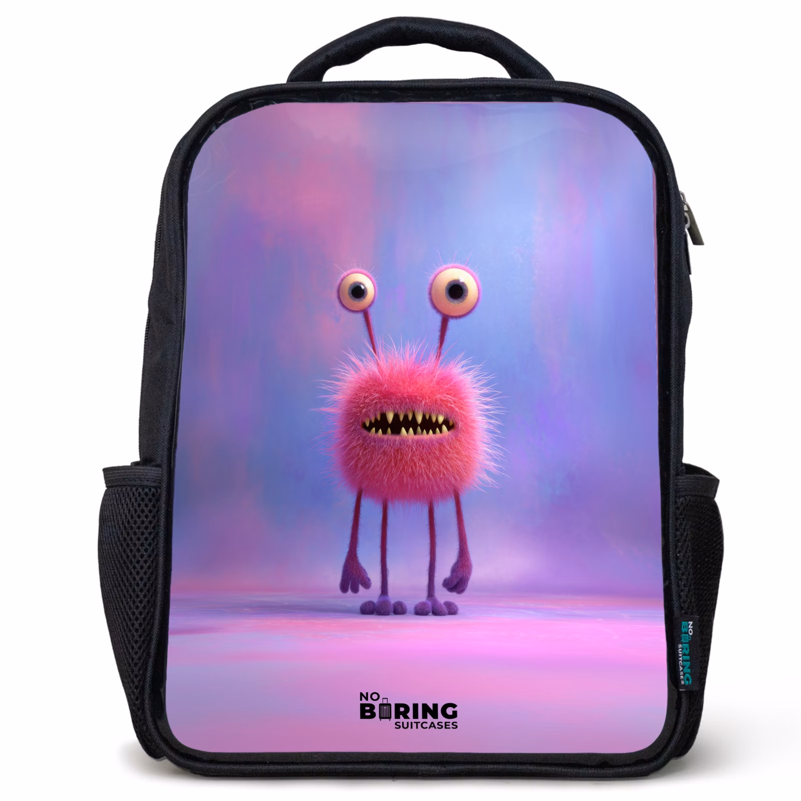 Kinderrucksack - Schwarz - Rosa pelziges Monster mit großen Augen — 1