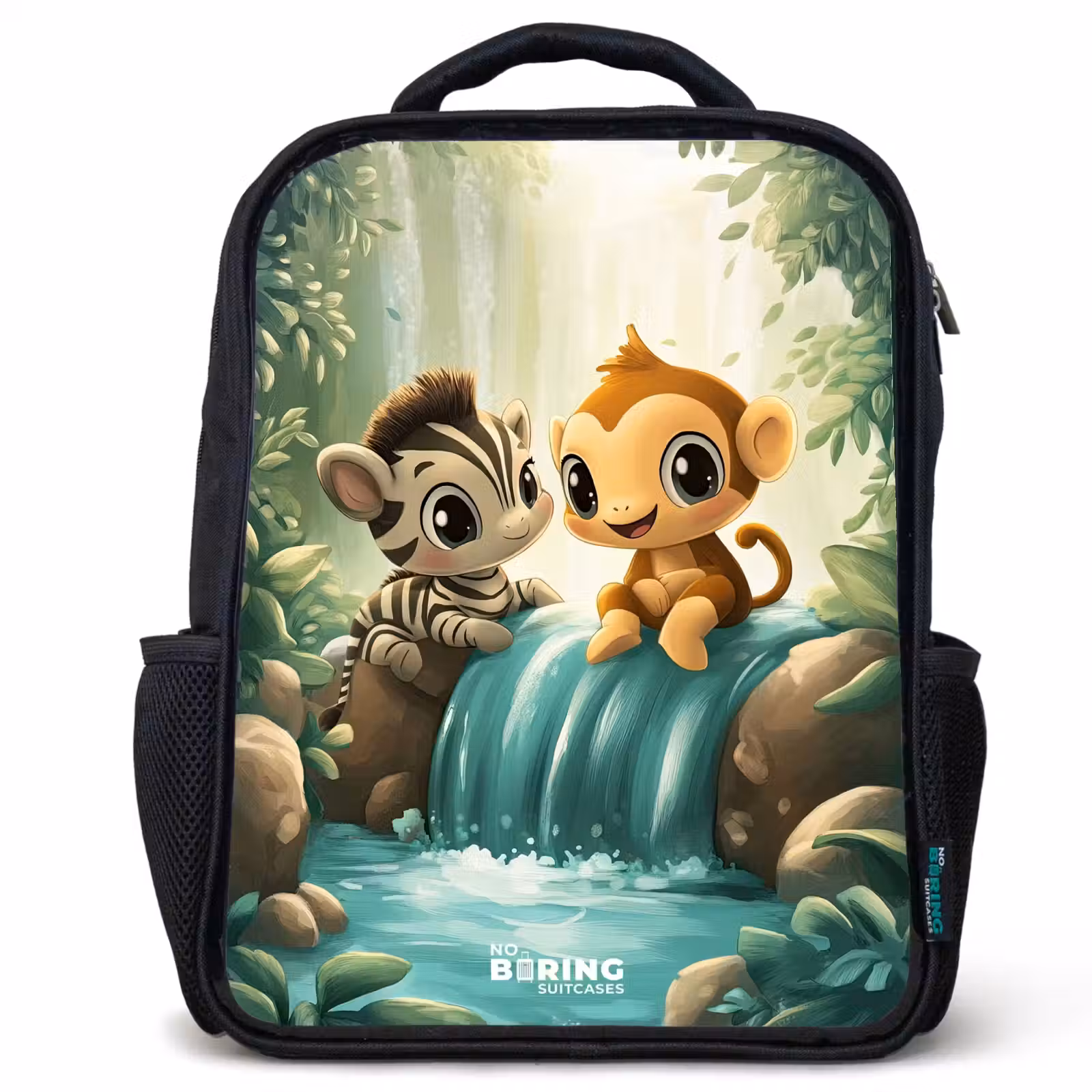 Kinderrucksack - Schwarz - Zebra - Affe - Wasserfall - Felsen — 1