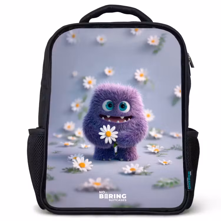 Kinderrucksack - Schwarz - Lila flauschiger Freund mit Gänseblümchen — 1