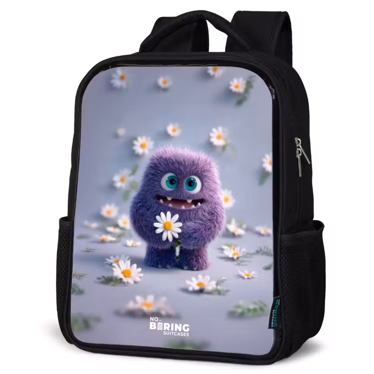 Kinderrucksack - Schwarz - Lila flauschiger Freund mit Gänseblümchen — 4