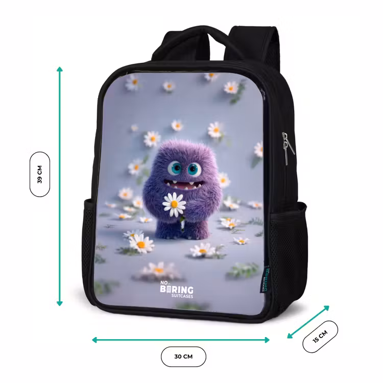 Kinderrucksack - Schwarz - Lila flauschiger Freund mit Gänseblümchen — 6