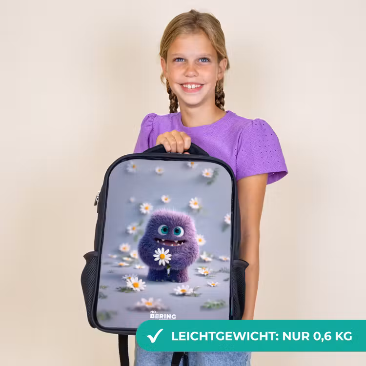 Kinderrucksack - Schwarz - Lila flauschiger Freund mit Gänseblümchen — 7