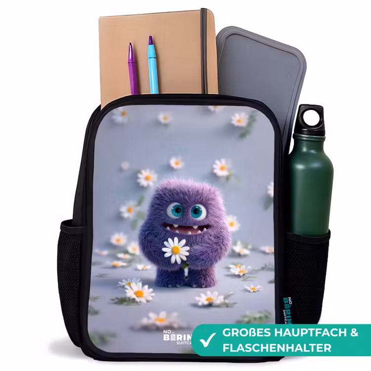 Kinderrucksack - Schwarz - Lila flauschiger Freund mit Gänseblümchen — 8