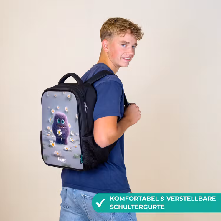 Kinderrucksack - Schwarz - Lila flauschiger Freund mit Gänseblümchen — 9