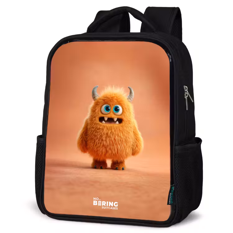 Kinderrucksack - Schwarz - Orangefarbenes flauschiges Monster mit Hörnern — 4