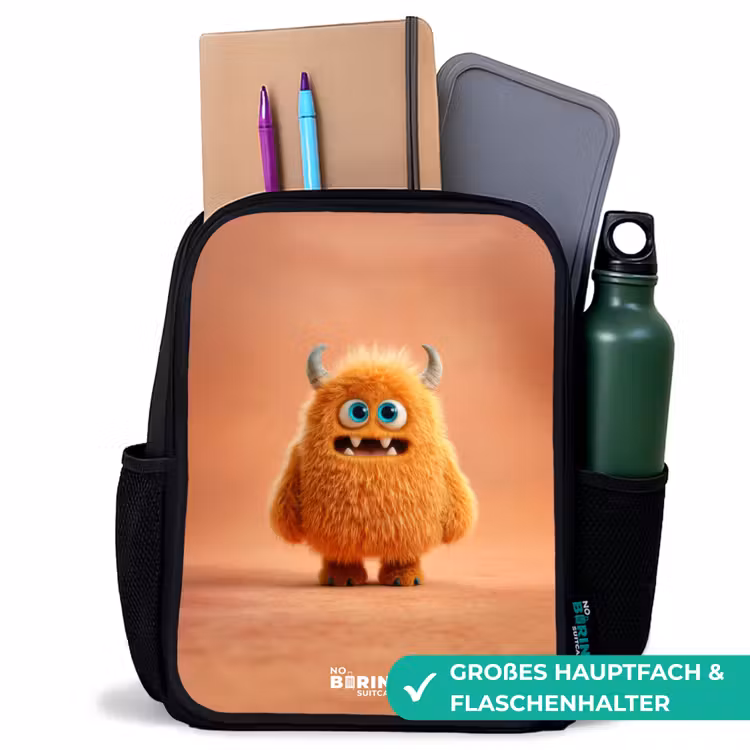 Kinderrucksack - Schwarz - Orangefarbenes flauschiges Monster mit Hörnern — 8