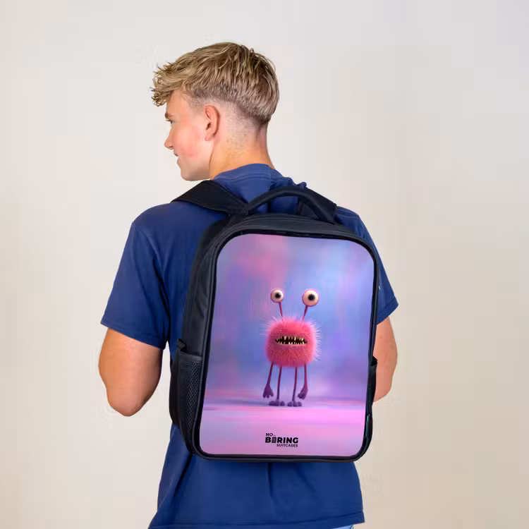 Kinderrucksack - Schwarz - Rosa pelziges Monster mit großen Augen — 3