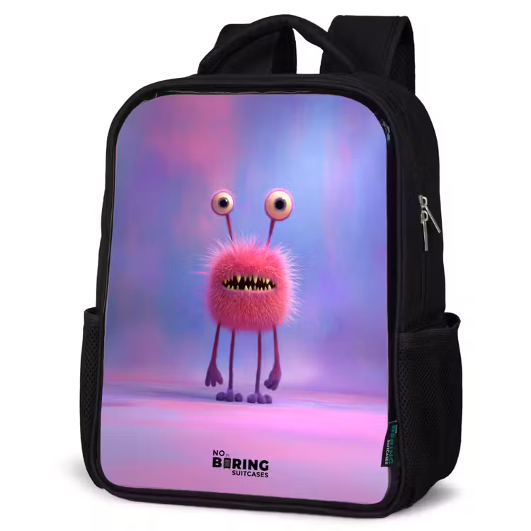 Kinderrucksack - Schwarz - Rosa pelziges Monster mit großen Augen — 4