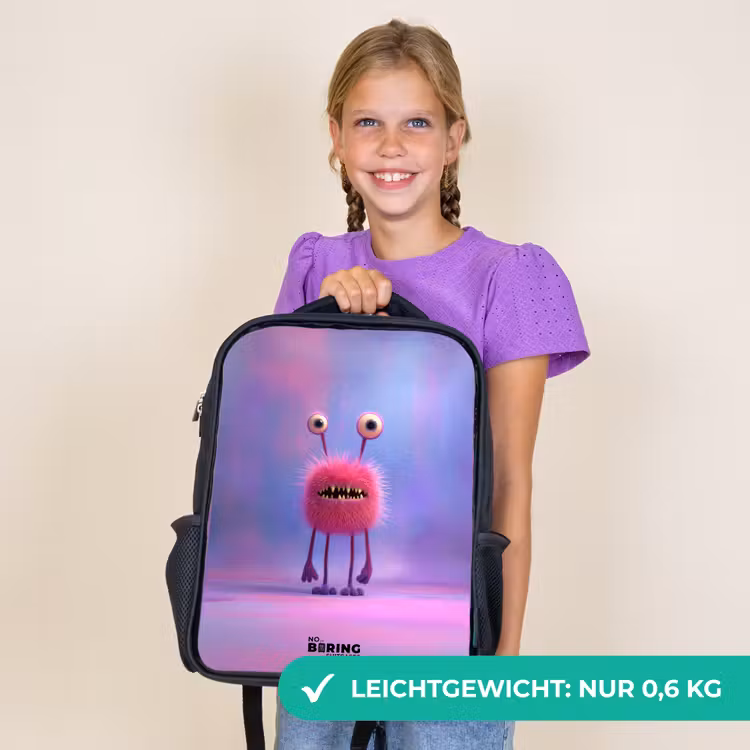 Kinderrucksack - Schwarz - Rosa pelziges Monster mit großen Augen — 7