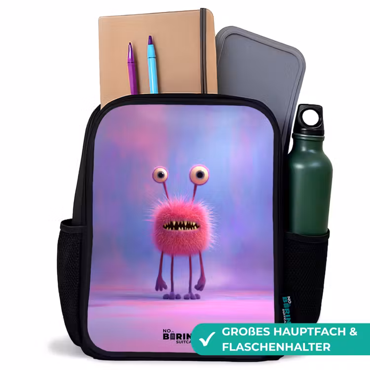 Kinderrucksack - Schwarz - Rosa pelziges Monster mit großen Augen — 8