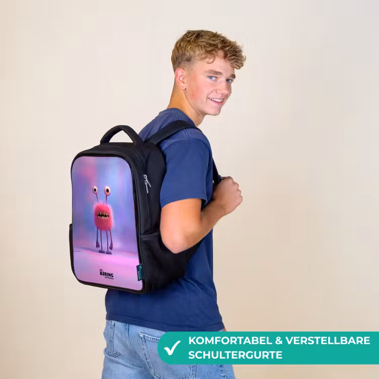 Kinderrucksack - Schwarz - Rosa pelziges Monster mit großen Augen — 9