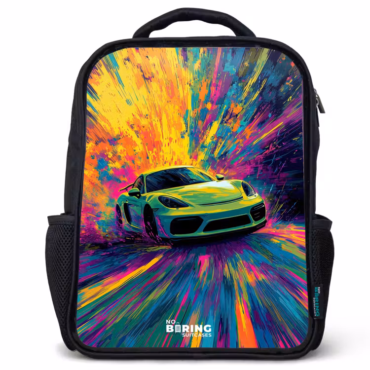 Kinderrucksack - Schwarz - Sportwagen - Explosion - Farbenfroh - Lackstreifen — 1