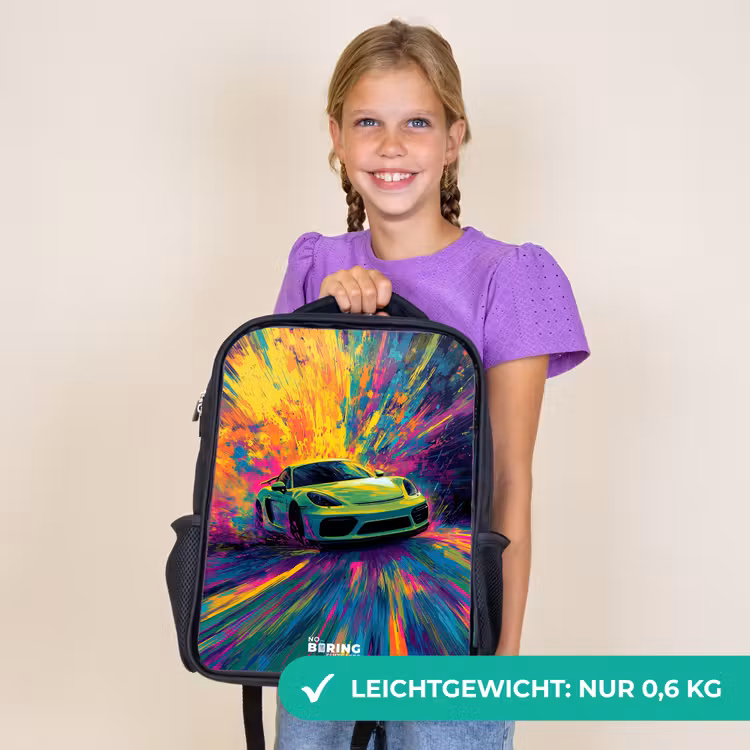 Kinderrucksack - Schwarz - Sportwagen - Explosion - Farbenfroh - Lackstreifen — 7