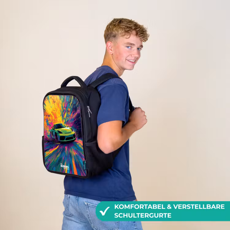 Kinderrucksack - Schwarz - Sportwagen - Explosion - Farbenfroh - Lackstreifen — 9