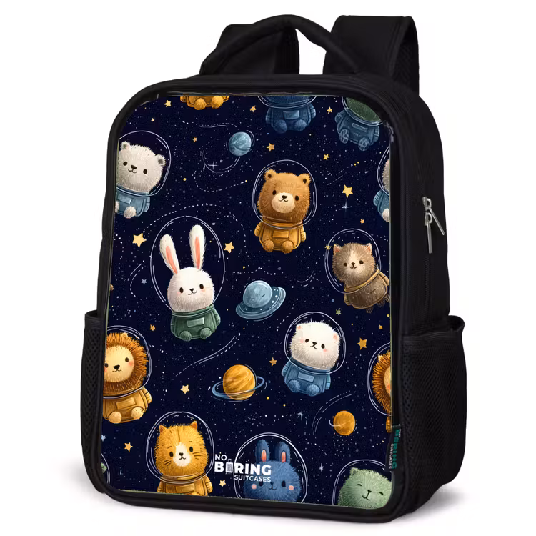 Kinderrucksack - Schwarz - Tiere - Astronaut - Planeten - Sterne — 4