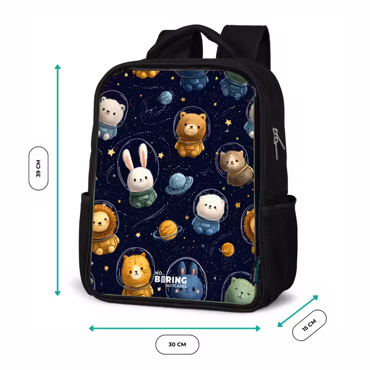 Kinderrucksack - Schwarz - Tiere - Astronaut - Planeten - Sterne — 6