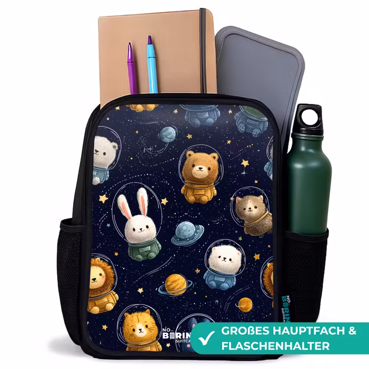 Kinderrucksack - Schwarz - Tiere - Astronaut - Planeten - Sterne — 8