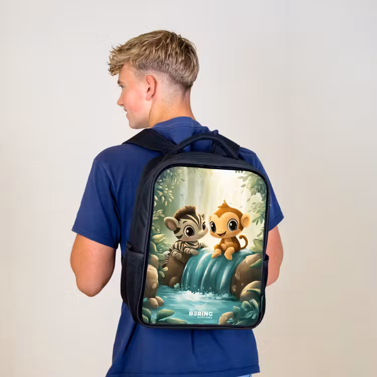 Kinderrucksack - Schwarz - Zebra - Affe - Wasserfall - Felsen — 3