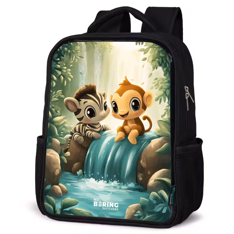 Kinderrucksack - Schwarz - Zebra - Affe - Wasserfall - Felsen — 4